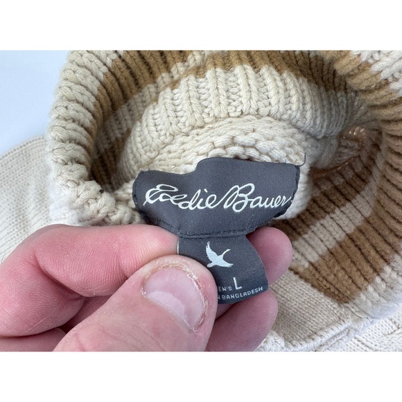 Eddie Bauer Fishermans Sweater Large Mens‎ Cable Knit Mock Neck Button Beige - Picture 2 of 15